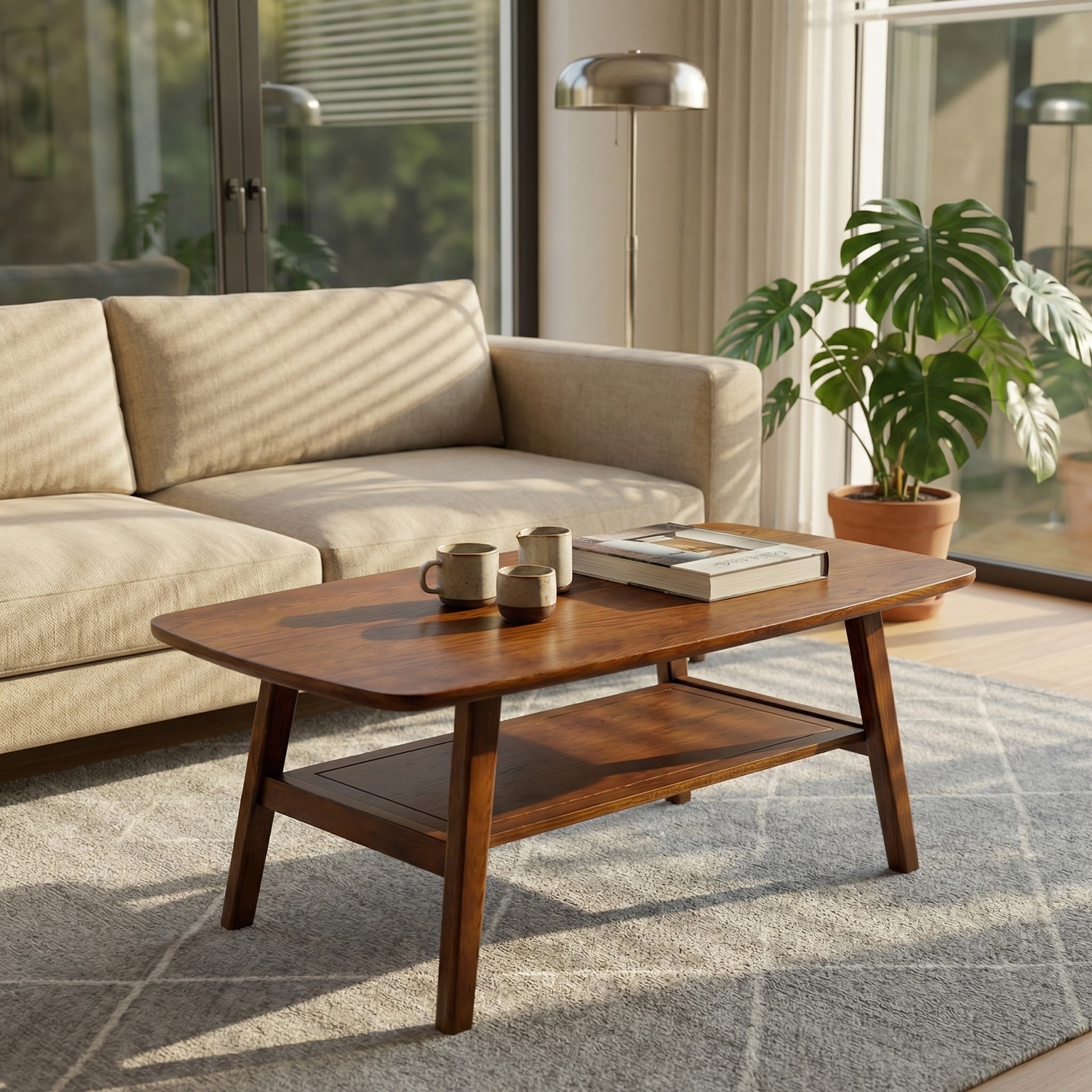 Modern Coffee Table Center Table with Open Shelf, Walnut Side Table Sofa Table End Table for Living Room