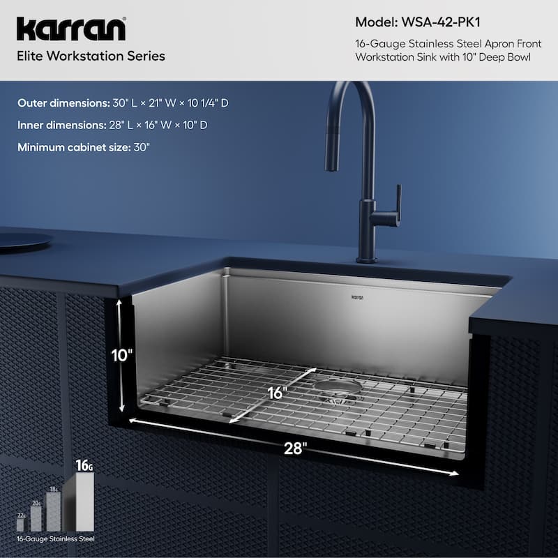 Karran Elite WSA-42-PK1 Apron Front Farmhouse 30" Single Bowl Stainless Steel Workstation Sink