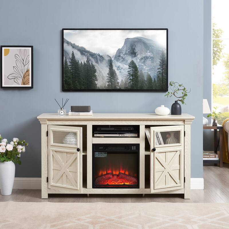 Fireplace TV Stand Media Console 2 Doors Cabinet with 18" Fireplace