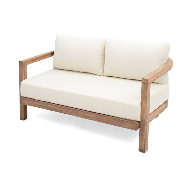 Wichita Outdoor Acacia Wood Transitional Loveseat and Coffee Table with Cushions by Christopher Knight Home