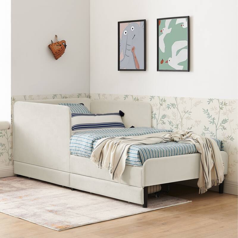 Roomfitters Twin/Full Upholstered Platform Bed with Side Backrest and Underbed Storage Trundle