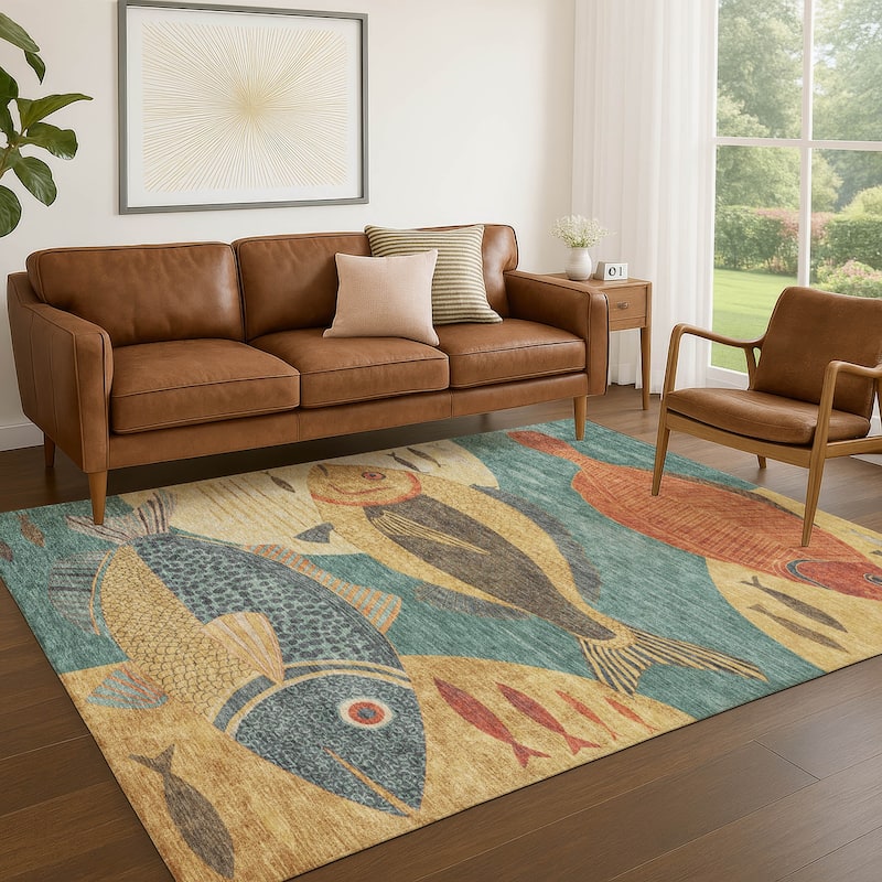 Machine Washable Indoor/ Outdoor Modern Fish Chantille Rug