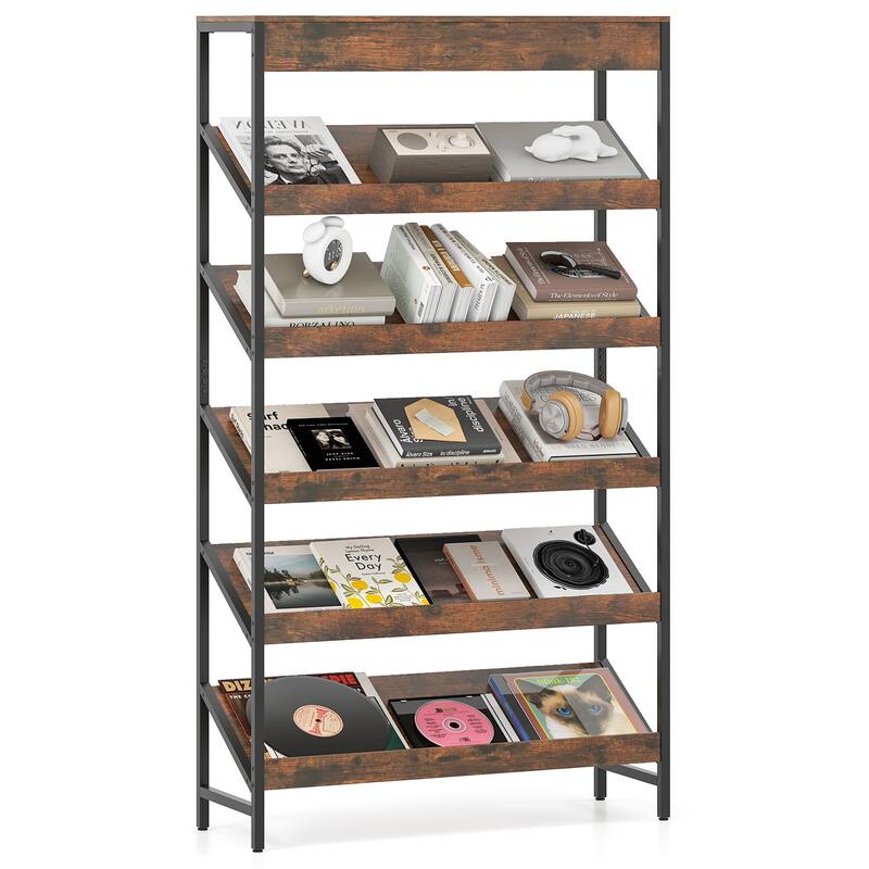 Gymax 6-Tier Bookshelf Industrial Tall Bookcase w/ Angled Shelves & - Brown