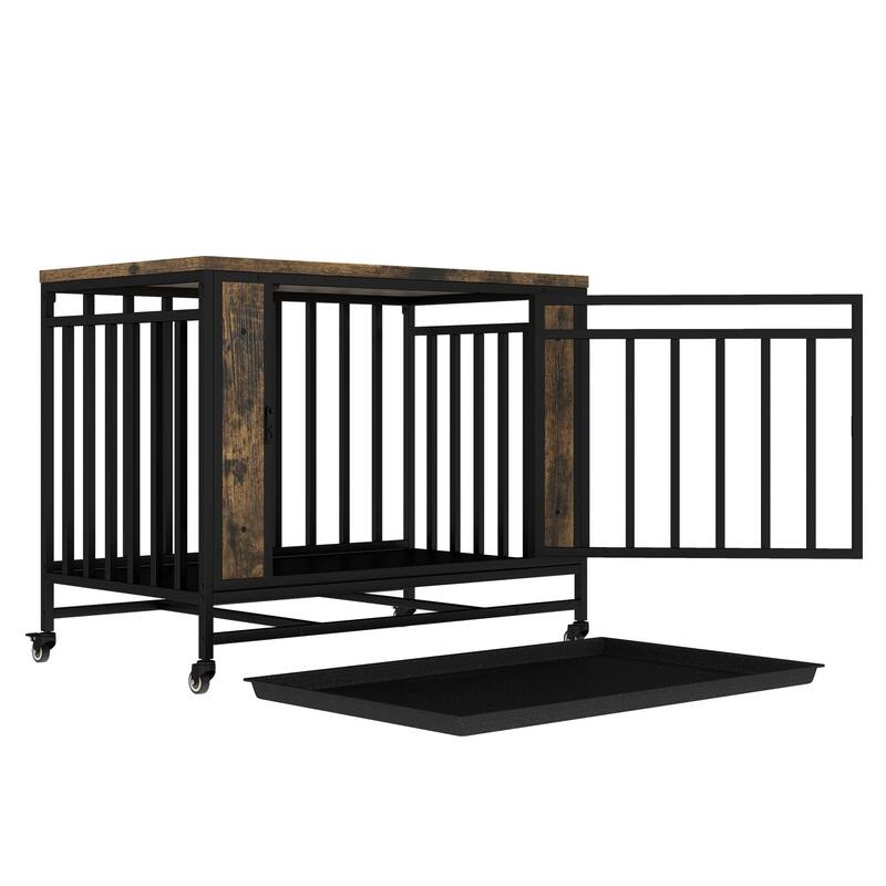 31.1" Wooden Dog House Dining Table with Iron Door and Removable Tray