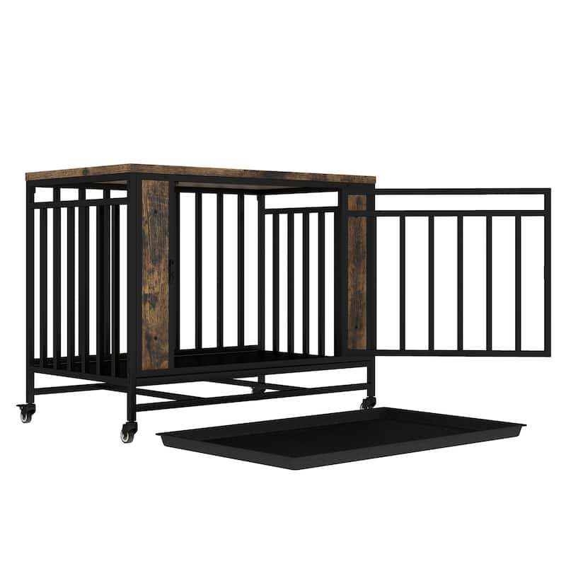 GDFStudio - Kary Wooden Dog Crate Furniture with Iron Door and Tray for Medium/Small Dogs