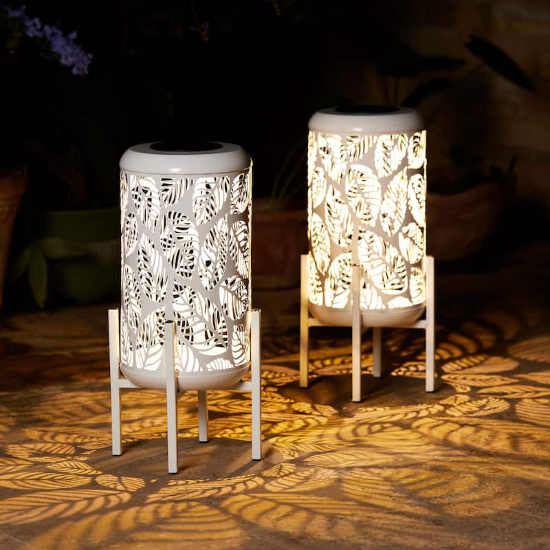 Glitzhome 14.25"H Set of 2 Metal Flower Cutout Solar Lanterns Floor Lantern - Leaves-White