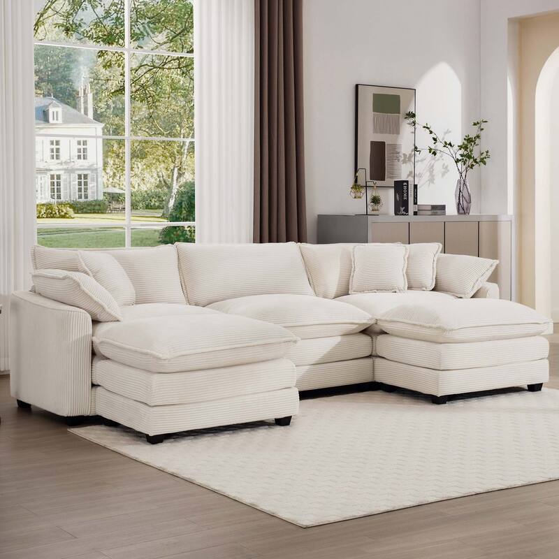 115" Corduroy Cloud Upholstered Modular U-Shaped Sectional Sofa with 2 Removable Ottoman and Free Combination Design