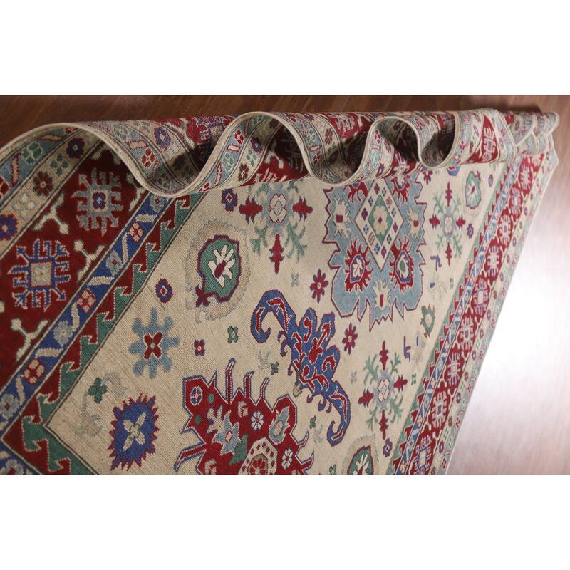 Hand Knotted Oriental 100% Wool Carpet Traditional Geometric Beige & Ivories Kazak Area Rug - 10' 1'' X 6' 7''