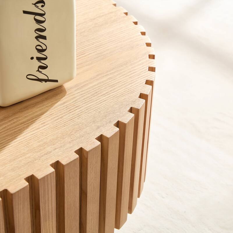 Modern Handcraft Drum Coffee Table Oval Coffee Table for Living Room,Small Wooden Coffee Table with Sturdy Pedestal for Office
