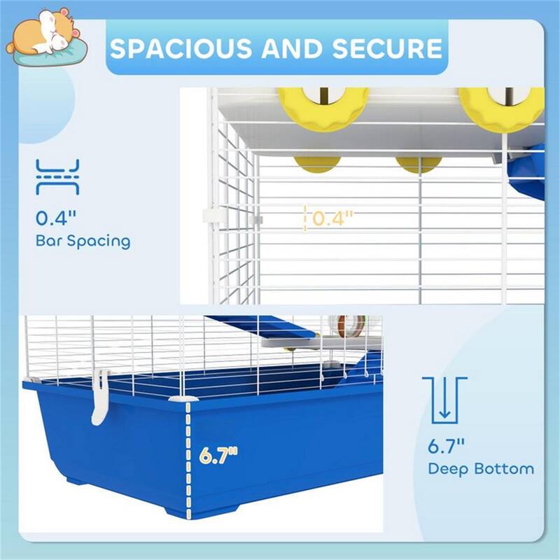Blue Metal Hamster Cage with Tubes, Wheel, Ramps and Accessories - 30.7" L x 17.7" W x 28.7" H