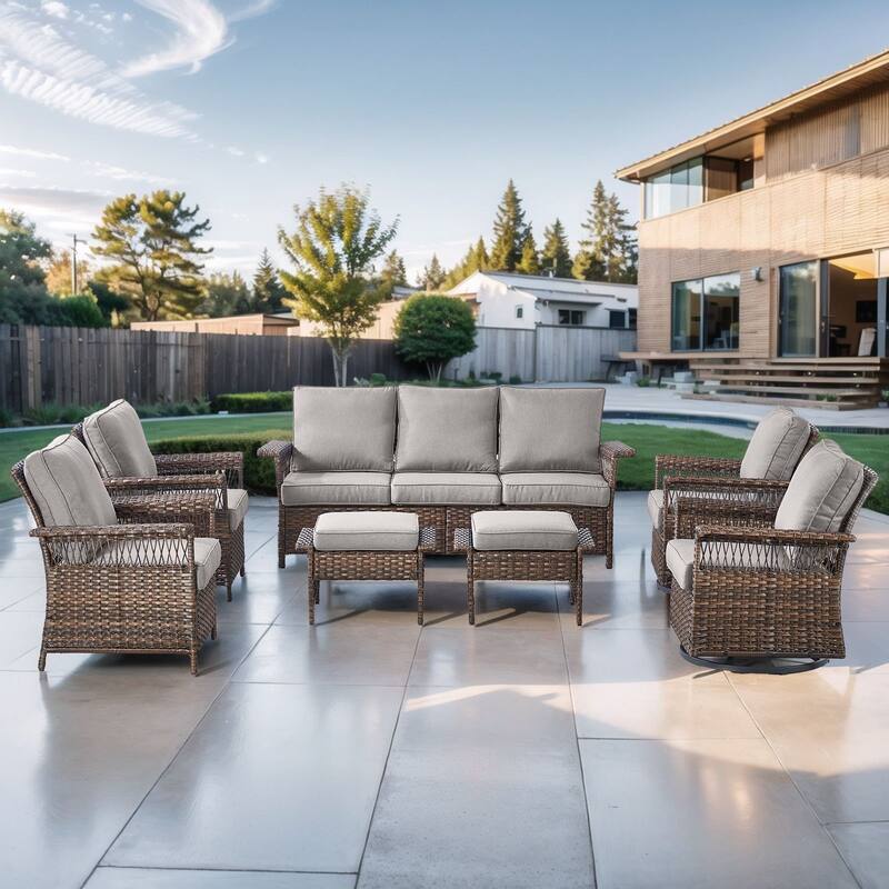 Outdoor Wicker Furniture Couch Set - Brwon Wicker Grey Cushion - 7PCS Sofa Chair with Ottoman