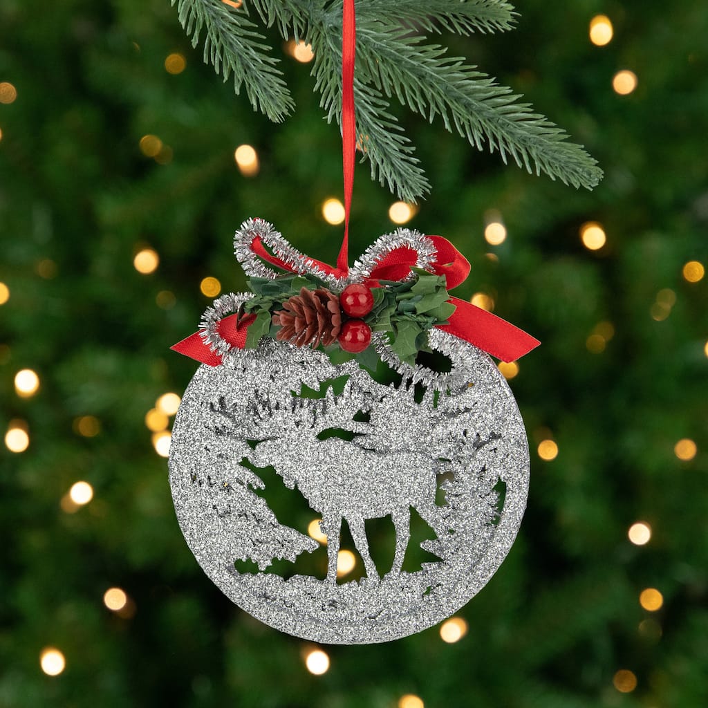 4.25" Silver Glitter Moose 2-D Cut-Out Silhouette Christmas Ornament