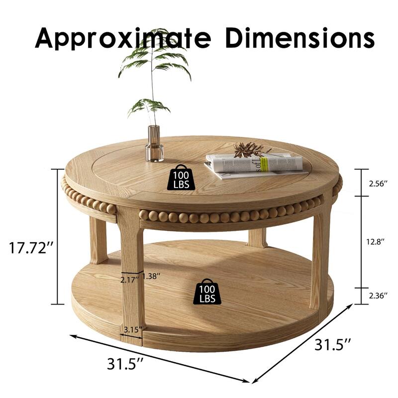 31.5 Inch Round Solid Wood Coffee Table & Sofa Table - Two-Tier Thickened Top, Sturdy Legs, Circle Table for Living Room