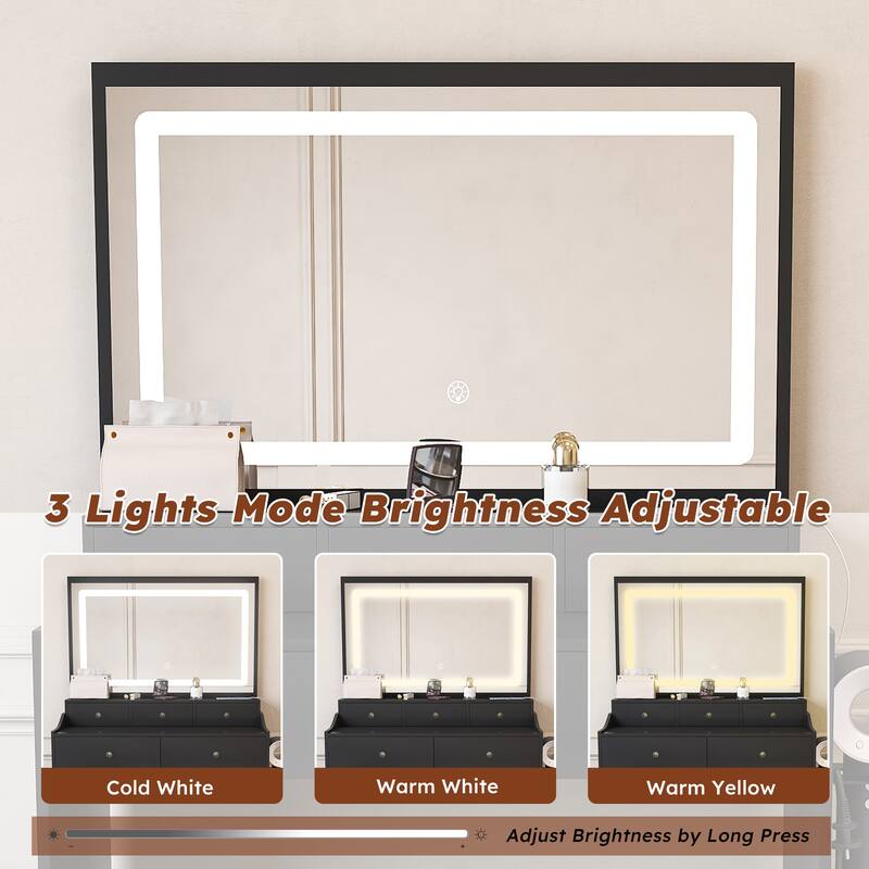 Anmytek LED Lighted 5 Drawers Vanity Desk Black Makeup Dressing Table with Power Outlet and Hair Dryer Holder