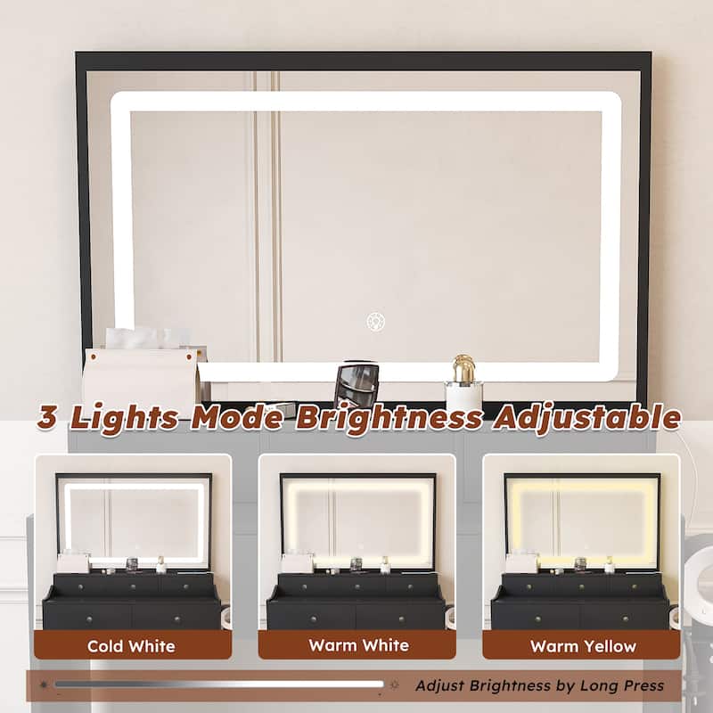 Modern Vanity Set with Extra-Large Lighted Mirror, 3 Color Modes, Power Outlet, Hair Dryer Holder & Storage Drawers