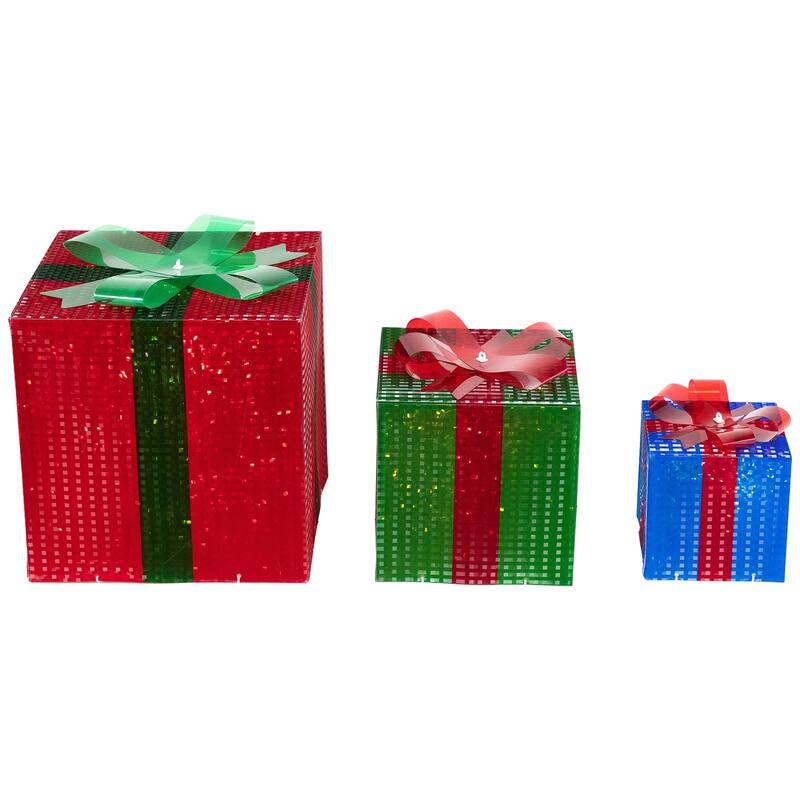 Set of 3 Red Green Lighted Gift Box Outdoor Patio Christmas Decor 10"