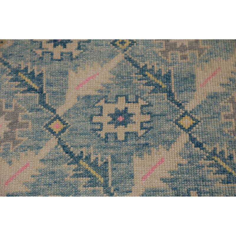 Hand Knotted Oriental 100% Wool Carpet Transitional Floral Navy Blue & Blues Oushak Runner Rug - 16' 7'' X 3' 6''