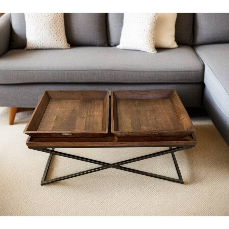 HomeRoots 27" Brown And Black Solid Wood Cross Legs Coffee Table - 27" W x 47" D x 22" H - 27" W x 47" D x 22" H - Black and Brown - Wood