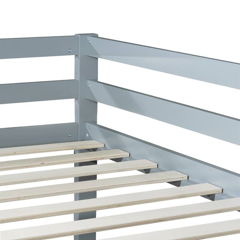 Wooden Twin over Twin Floor Bunk Bed with Ladder ,Upper and Bottom Bed Platforms