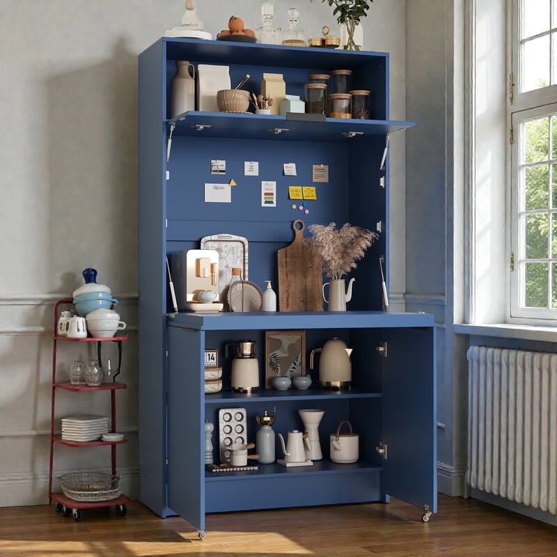 Compact Kitchen Pantry Cabinet with Hutch, Foldable Workstation, Power Outlet, 69 Inch Buffet Storage