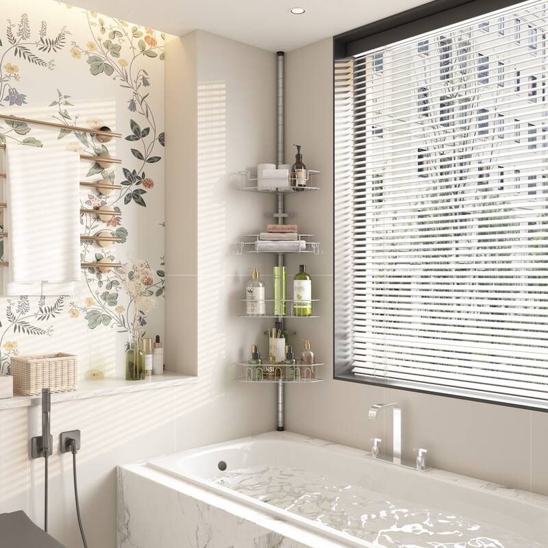 Tension Pole Corner Shower Caddy with 4 Adjustable Baskets