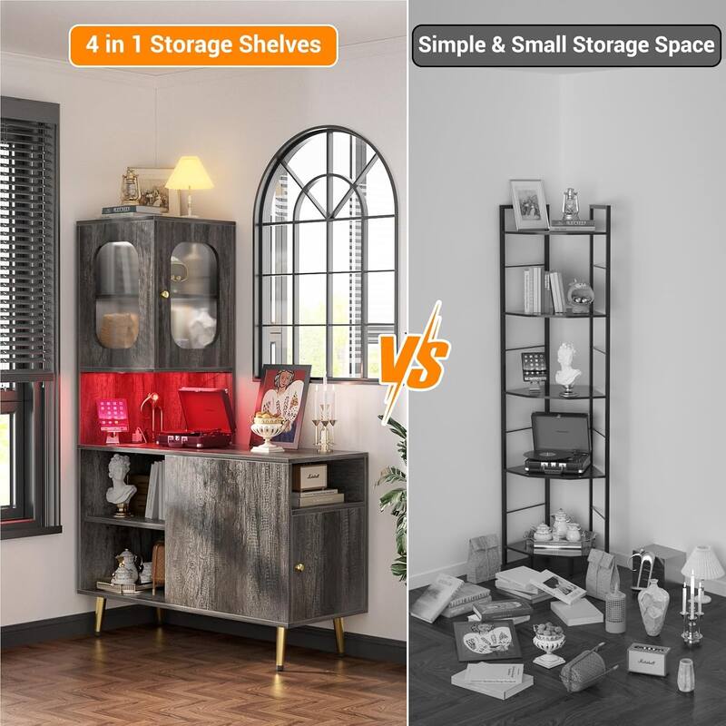 Reversible Corner Storage Cabinet with LED Lights and Power Outlets and Doors,Bed Side Table,Sofa Side Table