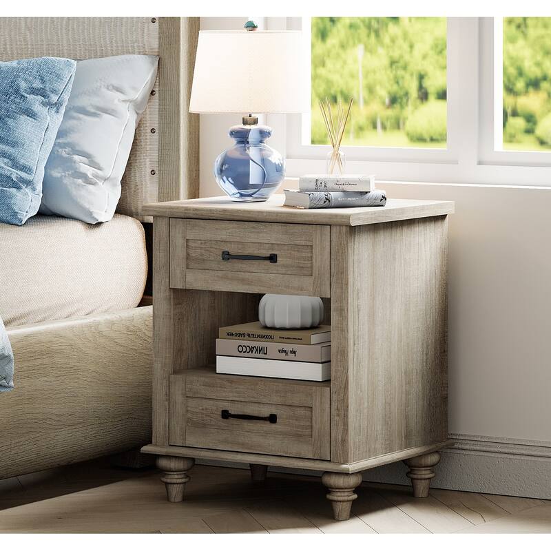 Farmhouse Nightstand Bedside Table, Wood 2-Drawer Side Table