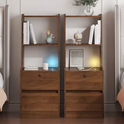 Nightstand Set of 2 - Modern Bedside Tables with Charging Station, Night Light & Storage, Bookshelf Design