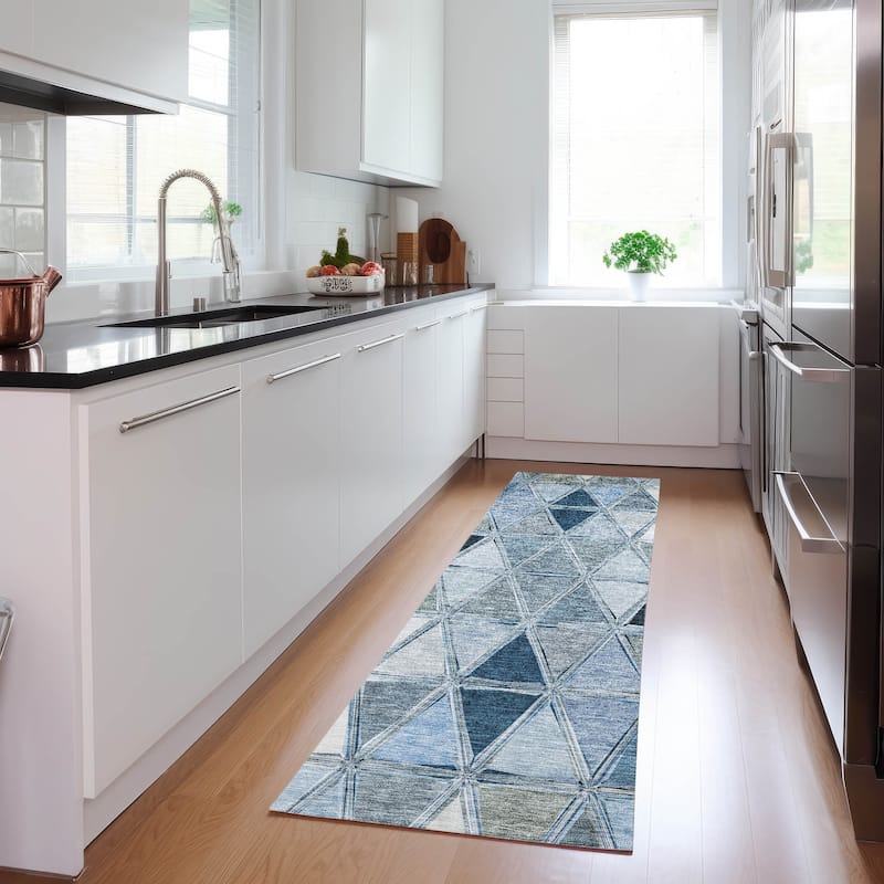 Machine Washable Indoor/ Outdoor Chantille Modern Diamonds Rug - Blue - 2'3" x 7'6"