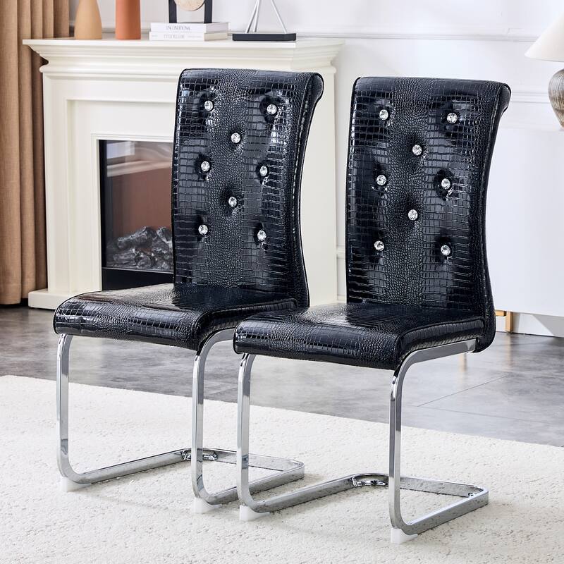 Set of 4, Retro Faux Alligator Skin Upholstered Dining Chairs, with Crystal Buckle Design and Faux Leather Design
