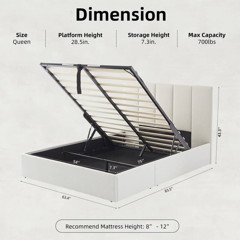 Modern Upholstered Lift-Up Storage Platform Bed with Headboard