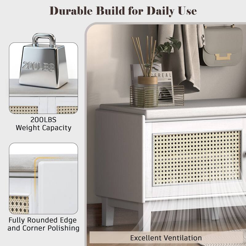 Boho Rattan Entryway Storage Bench with Double Doors