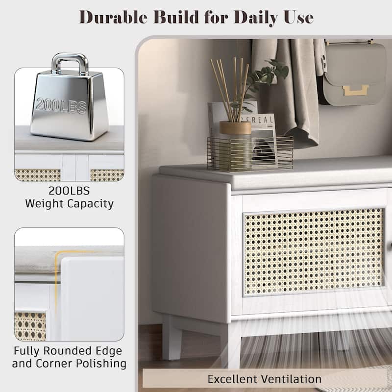 Rattan Entryway Bench with Storage, Cushioned Shoe Bench with Double Doors, Wooden Shoe Organizer Bench for Entryway