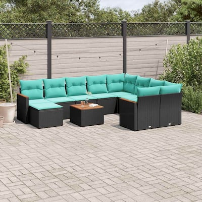 vidaXL 11 Piece Patio Sofa Set with Cushions Black Poly Rattan - 21.7x27.2x24.4