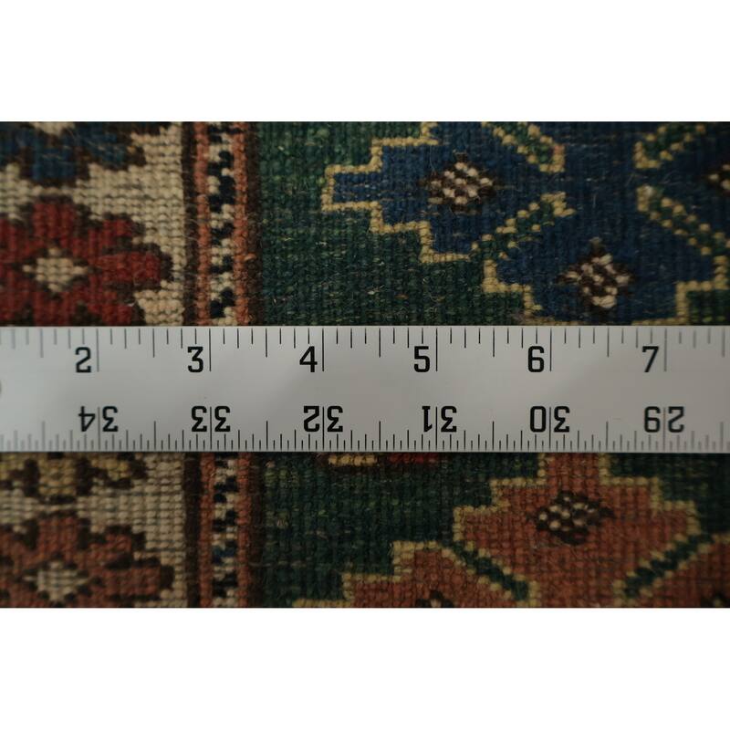 Hand Knotted Oriental 100% Wool Carpet Traditional Geometric Green Super Kazak Runner Rug - 9' 8'' X 2' 9''