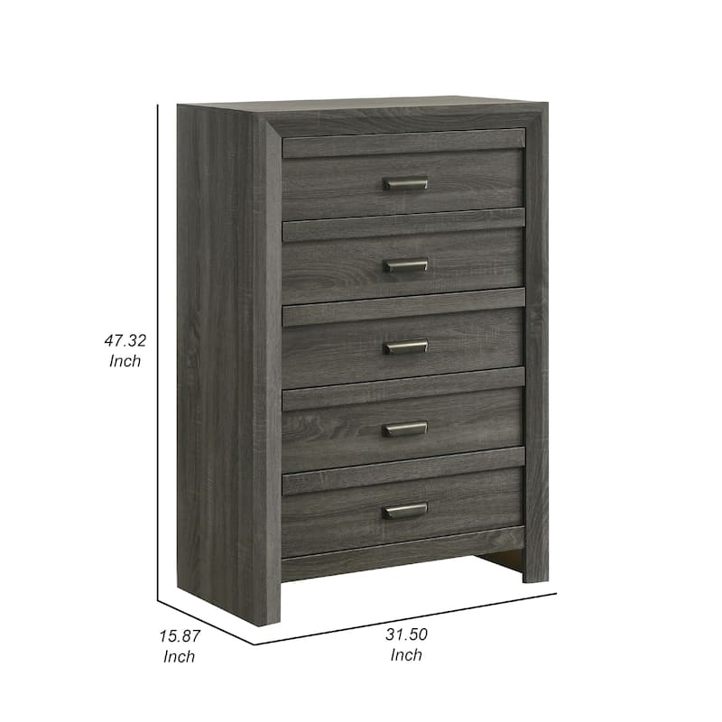 Velz Tall Dresser Chest, 5 Drawers, Finger Pull Handles, Dark Gray Wood