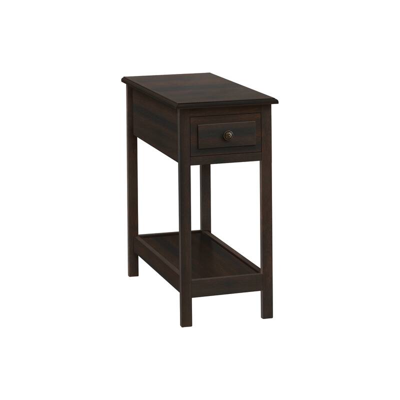 Transitional 2 Tier Accent Table with Storage Drawer, Narrow End/Side Table, Nightstand for Bedroom, Brown Veneer - Walnut