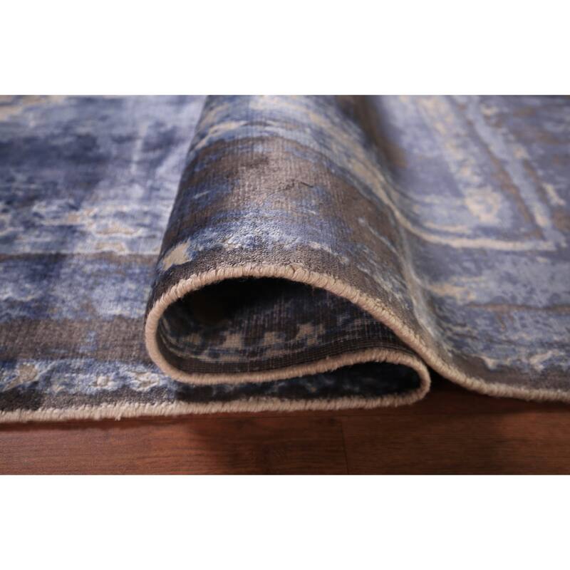 Abstract Modern Area Rug Handmade Blue Wool Carpet - 5'4" x 7'6"