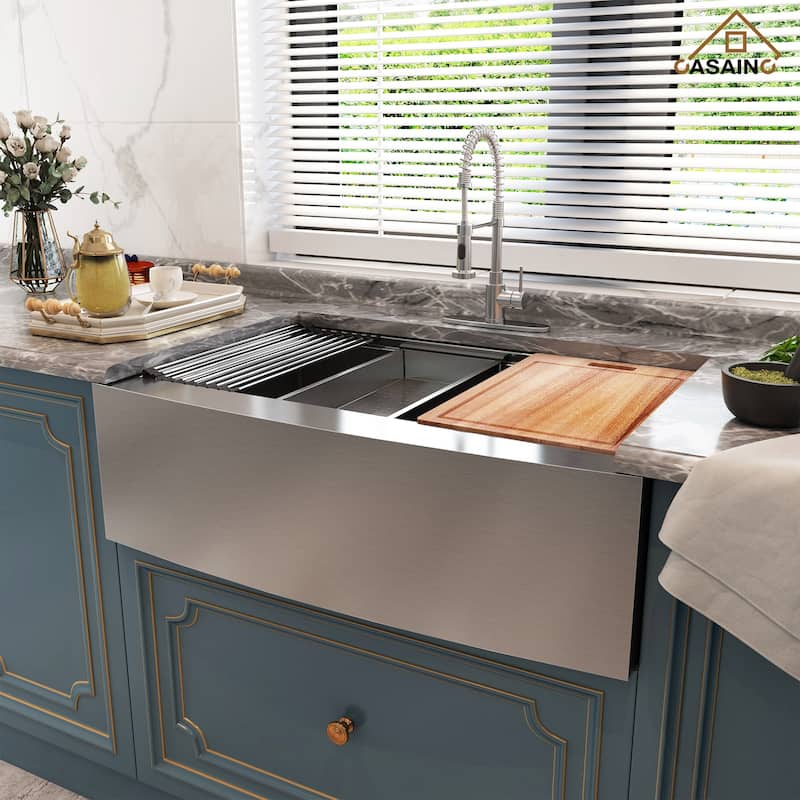 Farmhouse/Apron-Front Single Bowl 18 Gauge Brushed Stainless Steel Workstation Kitchen Sink with Accessories