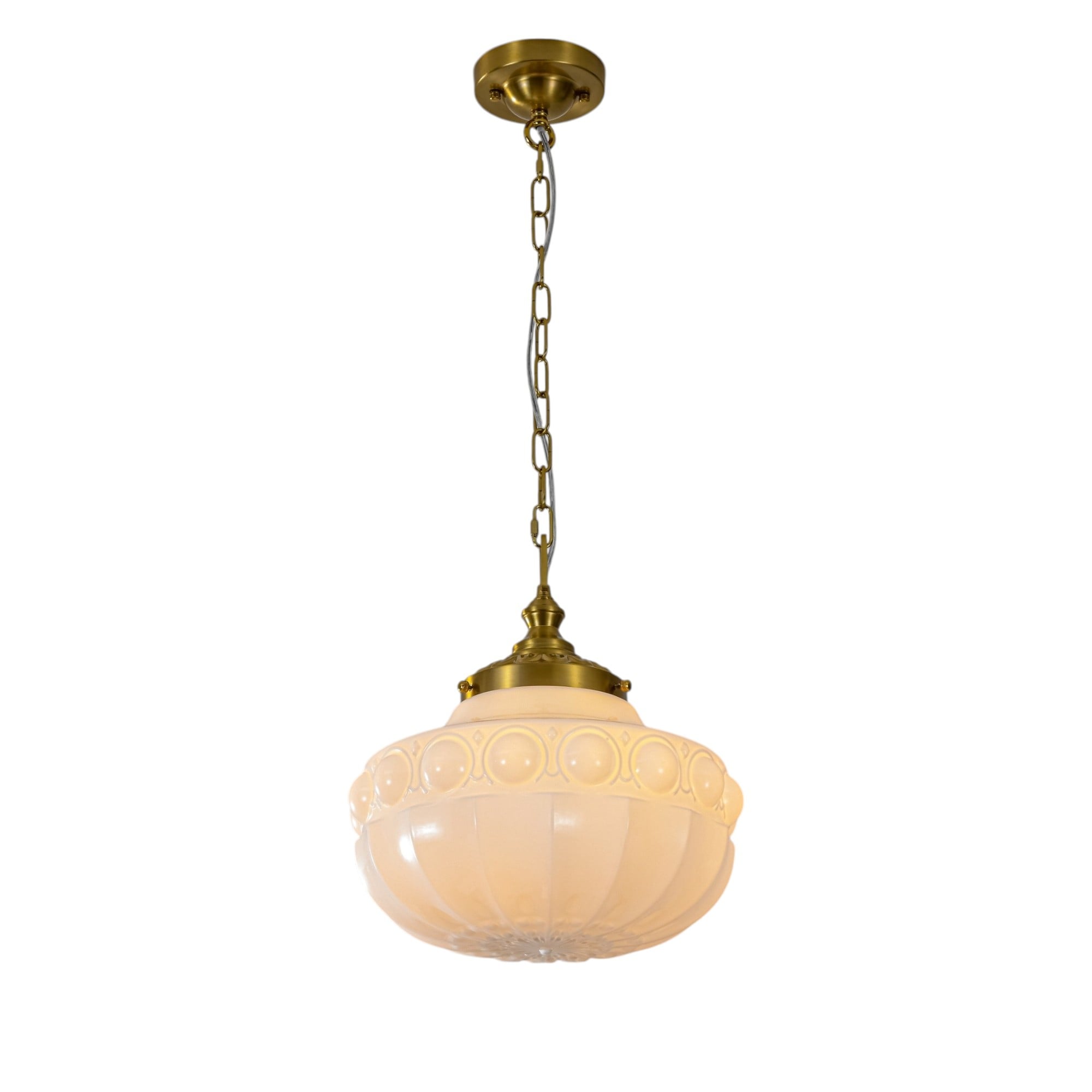 Rennnsan 14 in. 1-Light Mid-Century Modern Brass Milk Glass Pendant Light for Kitchen Island - 13.8 in. Dia × 15.7 in. H