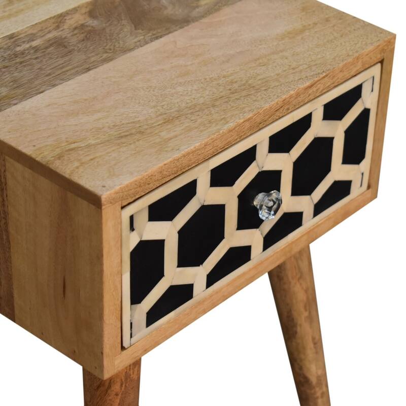 HomeRoots 20" Black White And Brown Solid Wood Geometric Bone Inlay One Drawer Nightstand