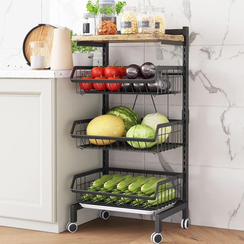 Snack Cart with Wheels 4-Tier Adjustable Fruit Rack Fruit Vegetable Basket Cart - 12.2"D x 15.35"W x 34.45"H - Black W/Top Plate