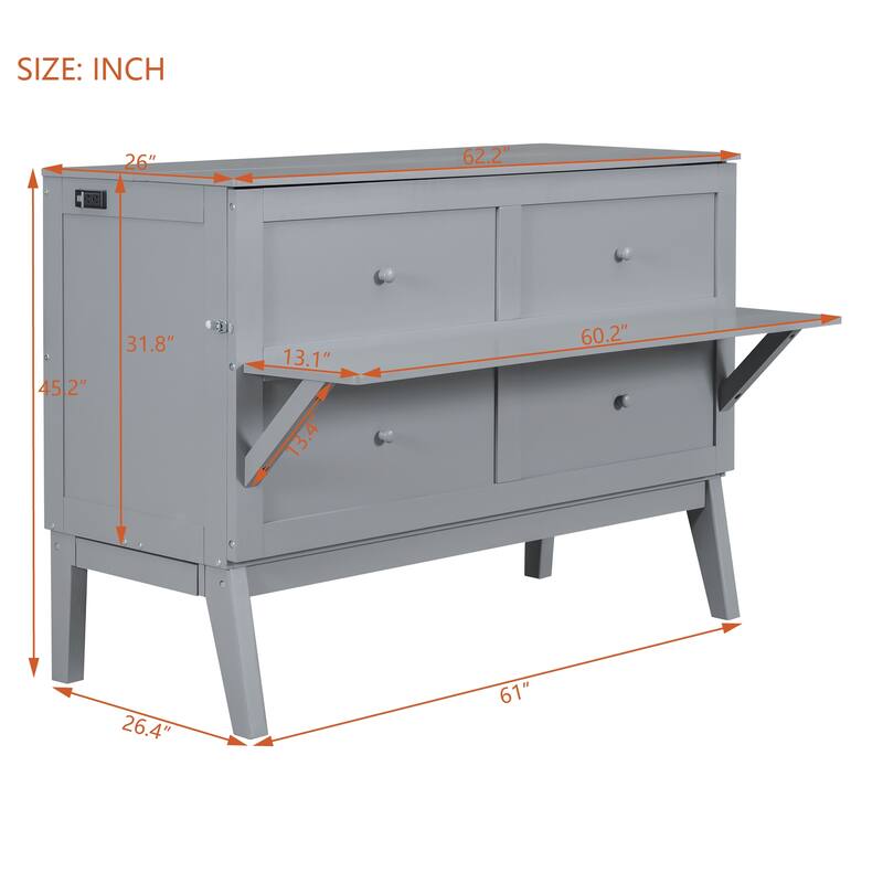 Full/Queen Size Murphy Bed with Dual Power/USB Charging and Movable Desks, Pine Wood Construction