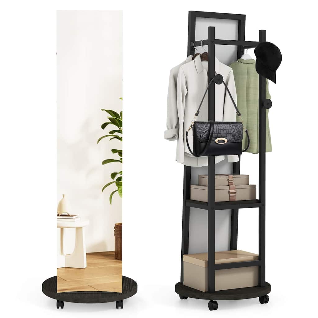 Costway Coat Rack with Full Length Mirror, 3 Hooks & Storage Shelves, - See Details