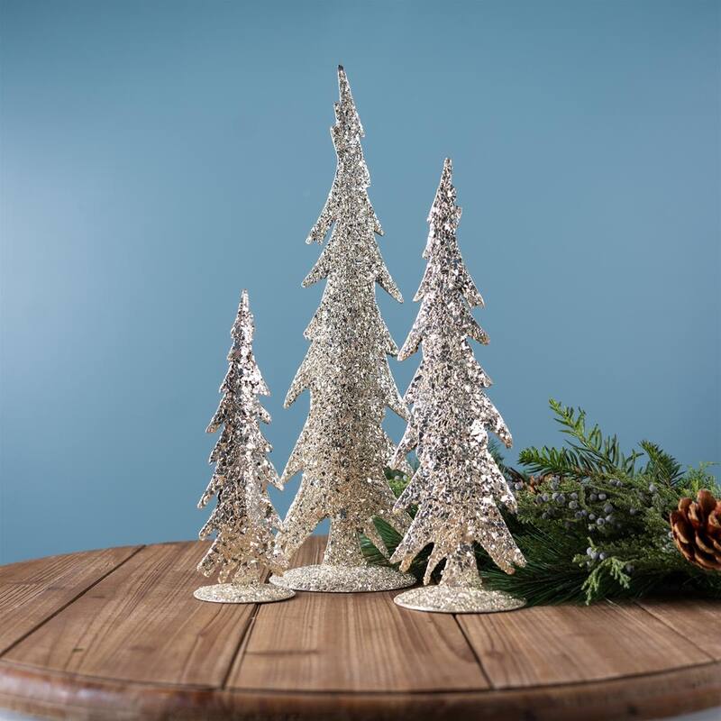 Mosaic Iron Pine Tree Christmas Figures - 17" - Gold - Set of 2
