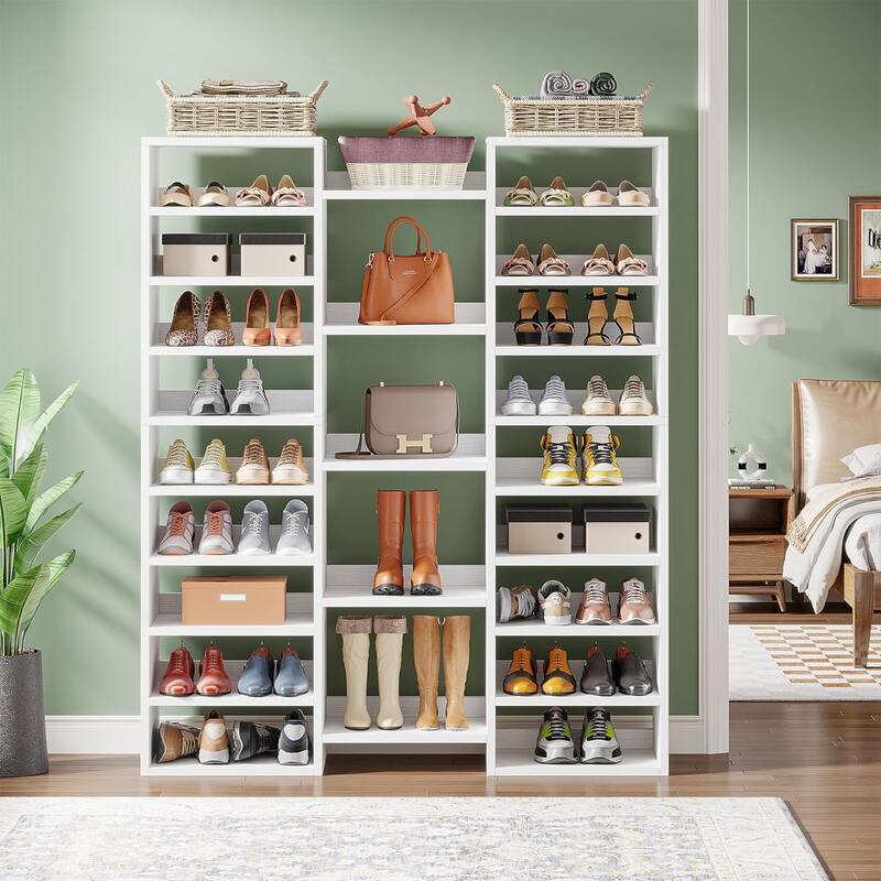 47" White 14-Tier Shoe Storage Cabinet with 22 Open Cubbies