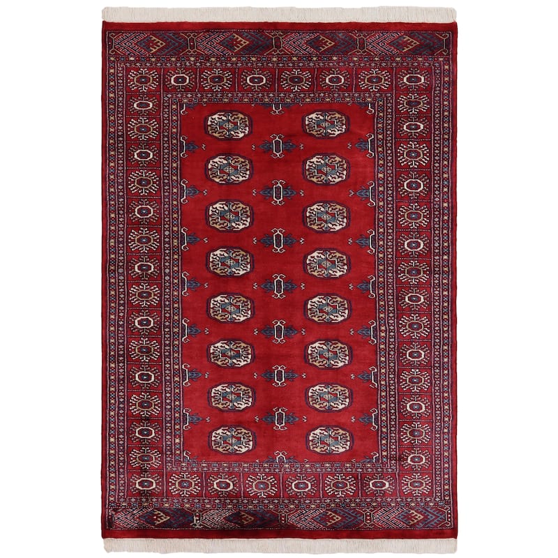 Rustic Bokhara Jennings Red/Blue Hand Knotted Wool Rug - 4'1'' x 6'1''