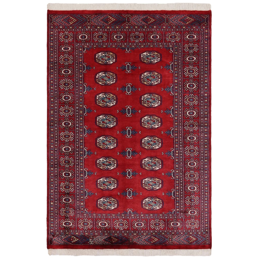 Rustic Bokhara Jennings Red/Blue Hand Knotted Wool Rug - 4'1'' x 6'1''