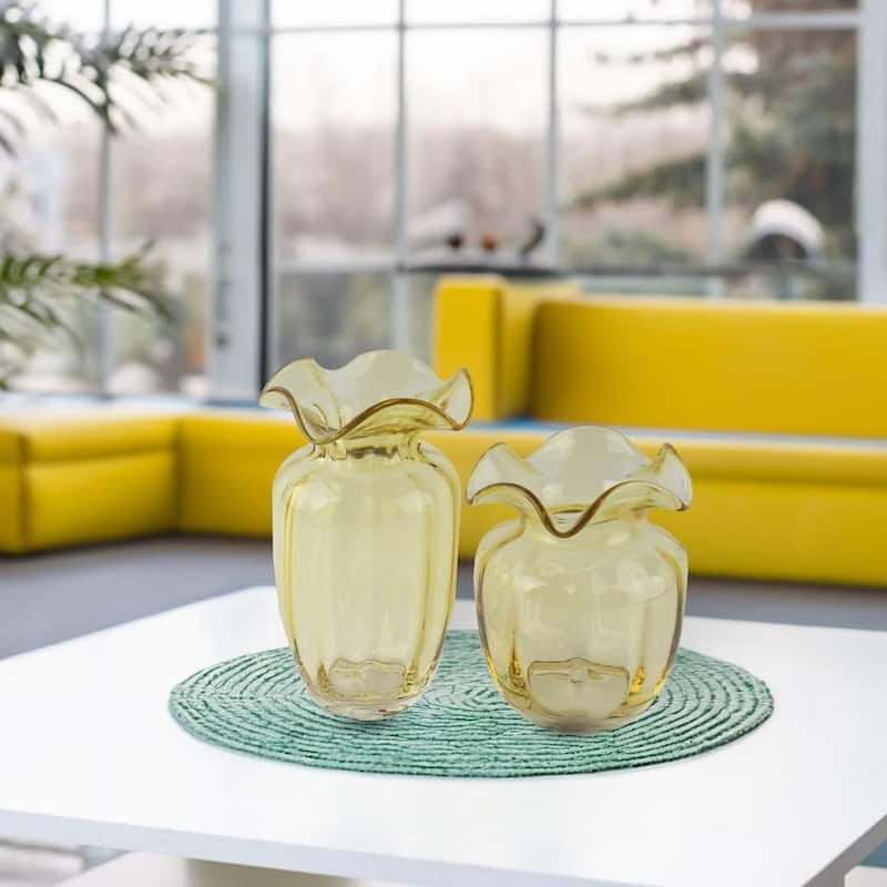 Fleurine Set of 2 Fluted Blooming Decorative Glass Flower Table Vases - Yellow