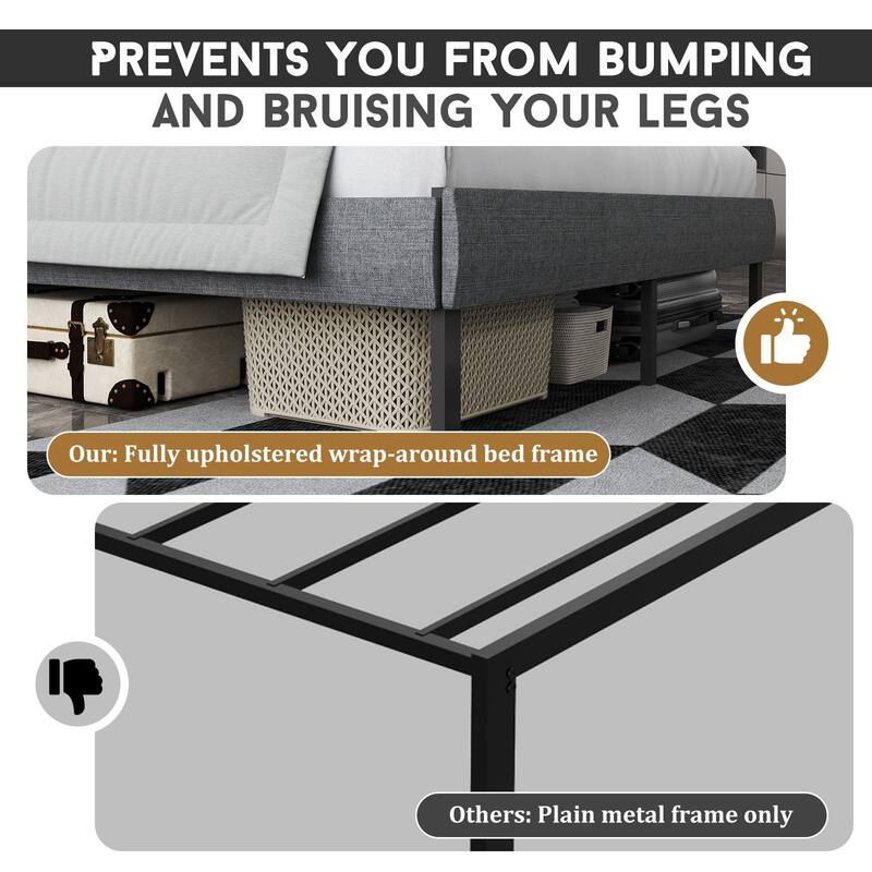 Full Size Upholstered Platform Bed Frame - With Headboard, No Box Spring Needed, 14" Underbed Storage​